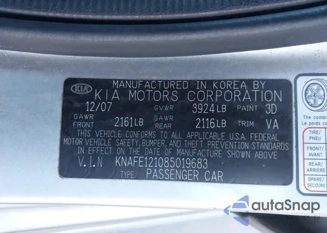 2008 Kia Spectra Sx z USA, uszkodzony, nr VIN KNAFE121085019683